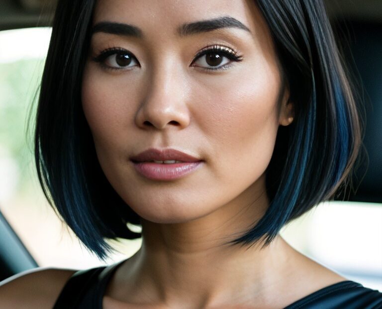 a woman with short hair is sitting in a car