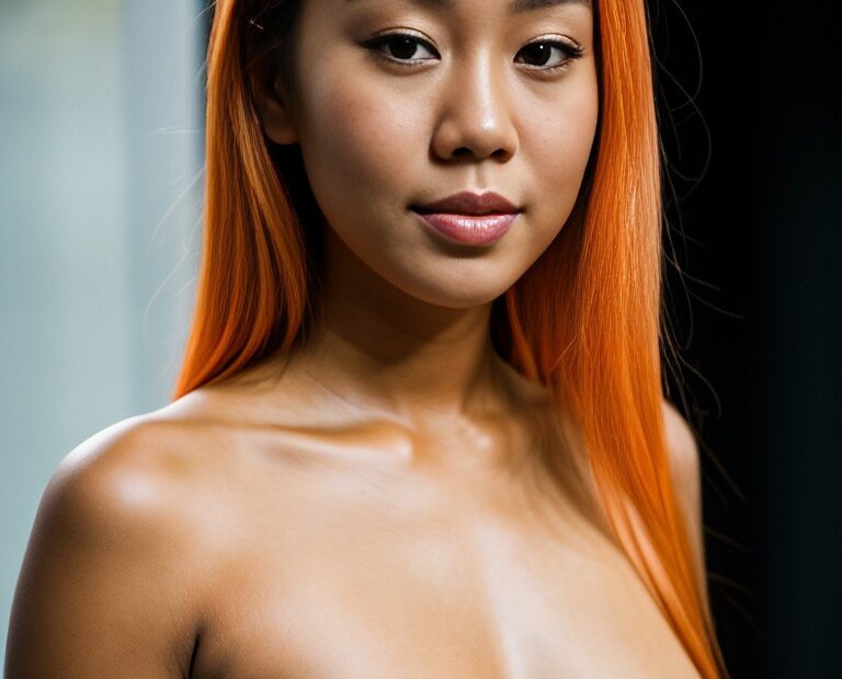 a young asian woman with bright orange hair and nice tits